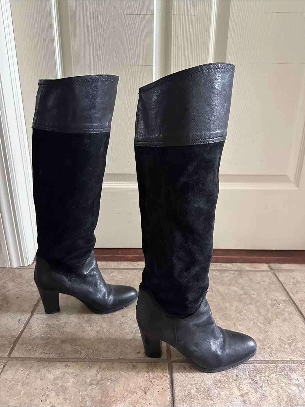 Black Genuine Leather and Suede Knee High Slouch Boots - size 37 size 7